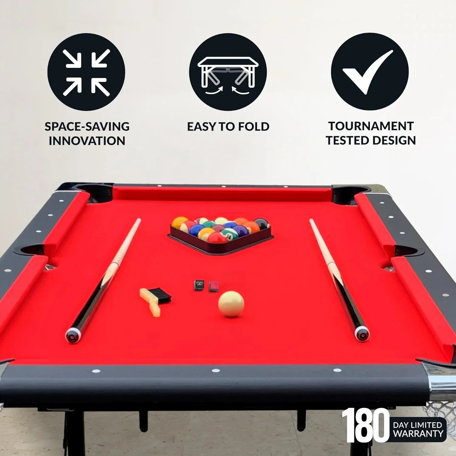 Table - 6 Ft Portable Pool - Adults Folding Billiards Tables for Game Room with Easy Foldable Storage, Includes Full Set of Billiard Balls, Cues