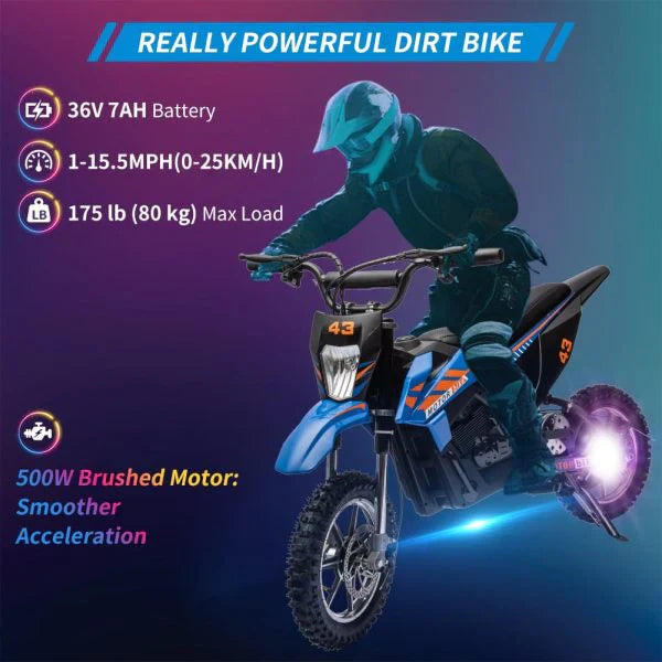 e4d22d9f28adde65709fb4469176942b60d1b35a39096f05c747eaa807d4d1fb 36V dla dzieci elektryczny Dirt rower, 36V, 350W, 15.5MPH, LED, 175lb maks niebieski
