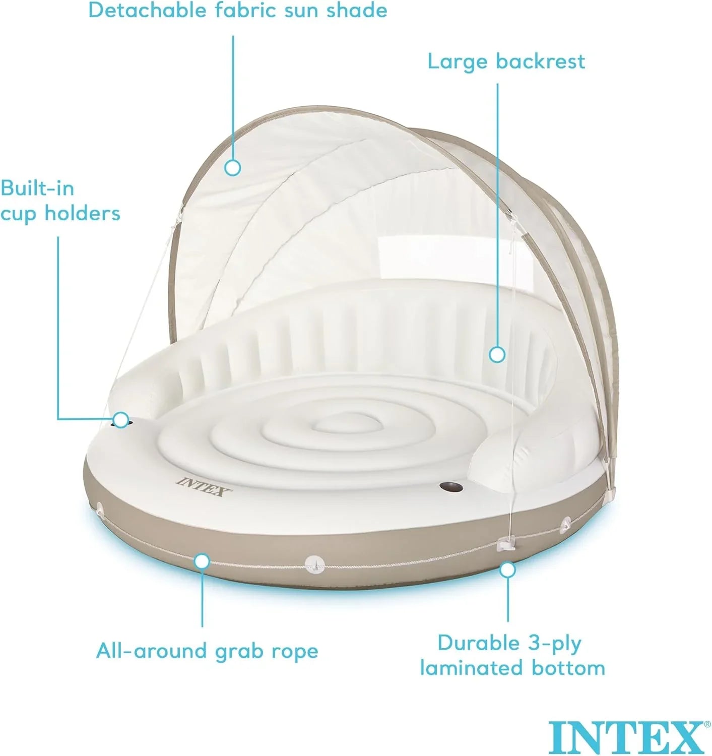 ee103338bef6b405b599e09b2adf7dbd938d4ae31eabcb7eec992af4fc0cea3a Canopy - 58292EP, Island Inflatable Pool Float - Comfortable Lounge Surface Built-in Cup Holders Detachable Sunshade 440lb Max Weight Capacity 78.5-inch X 59-inch