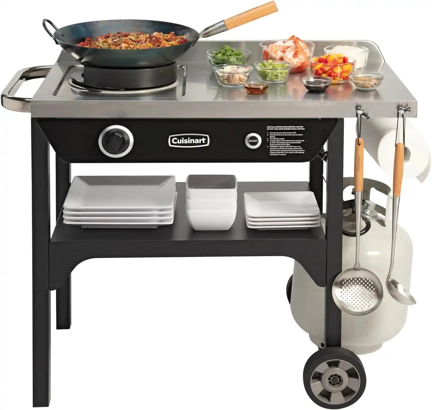 ef4afde584f19a06dfd0afc43af3f275de92bfc9fab6088c9fe6ded831e958de Outdoor Wok Station, Featuring 50, 000 BTU Propane Outdoor Wok Burner W Prep Table, 14 Carbon Steel Wok for Stir Fry, Searing, BBQ Black
