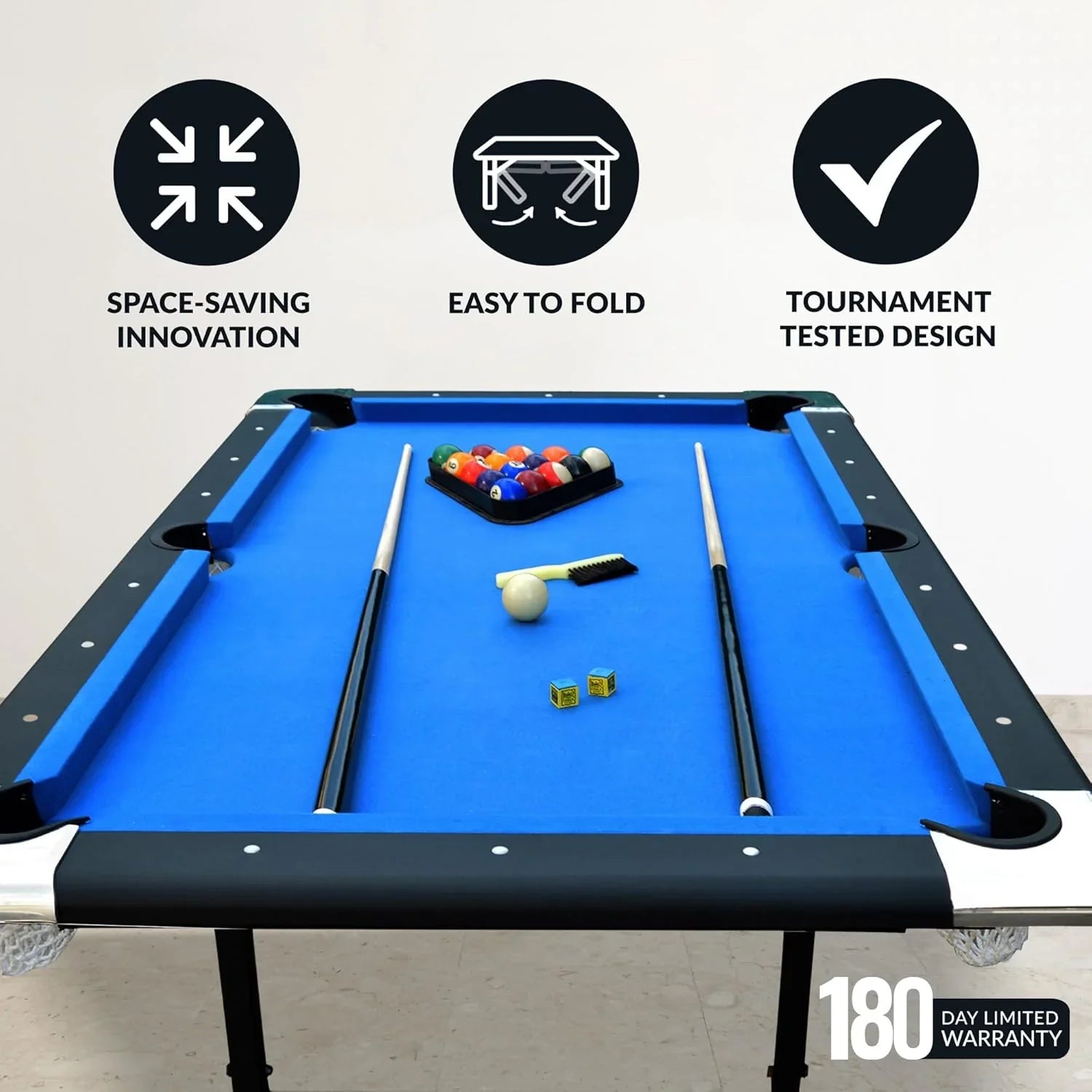 Table - 6 Ft Portable Pool - Adults Folding Billiards Tables for Game Room with Easy Foldable Storage, Includes Full Set of Billiard Balls, Cues